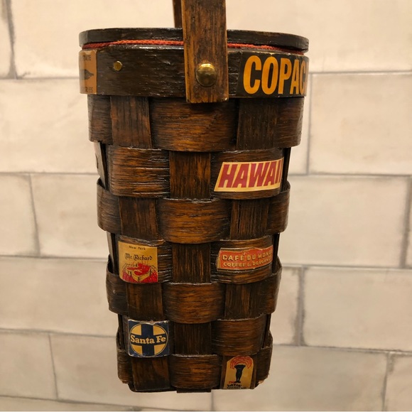 Vintage basket purse 1960s 60s brown travel postcard decoupage logo magazine - Picture 4 of 13